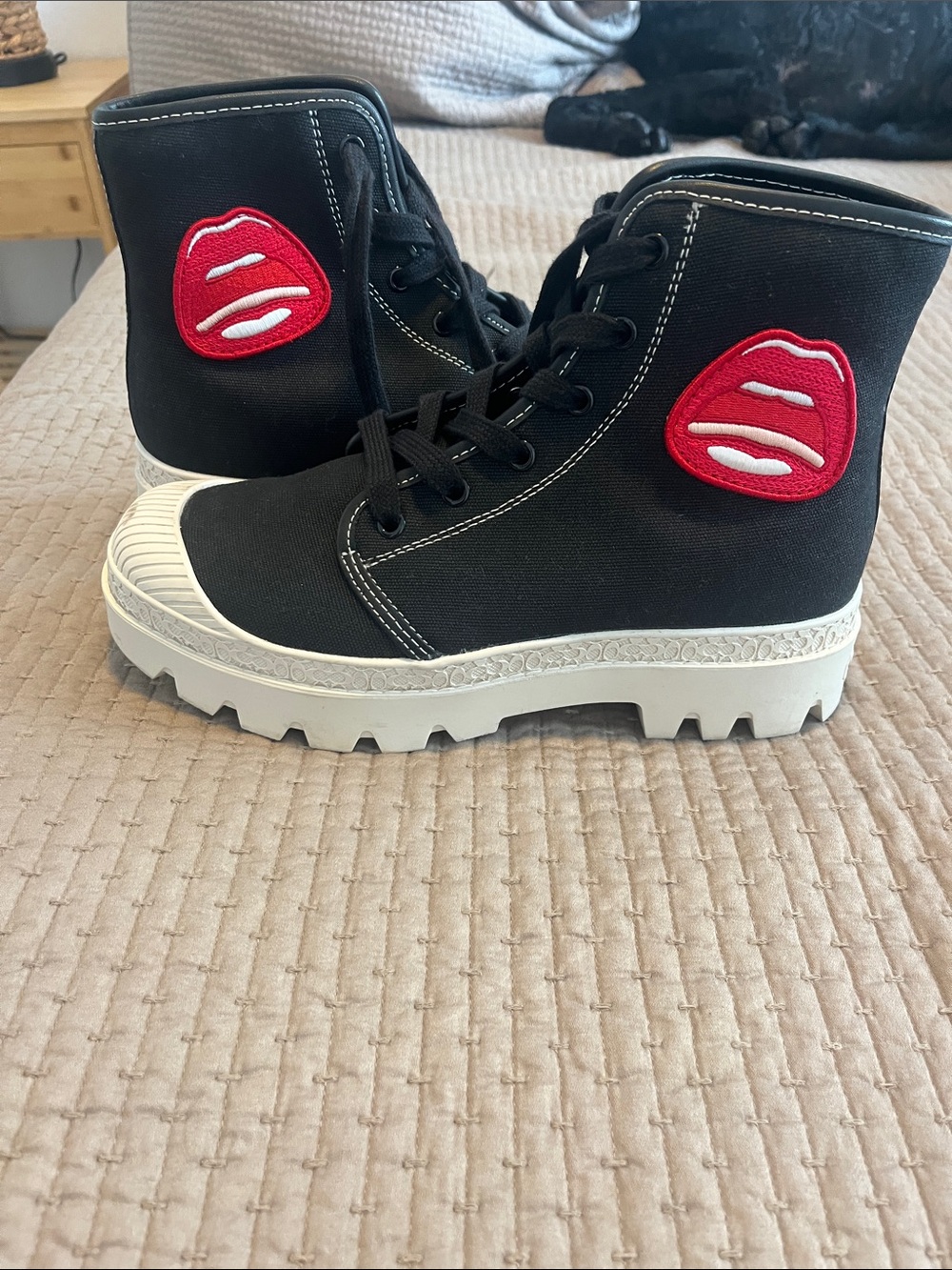 Coach x Tom Wesselman Black Canvas Lace-Up Boots with Red Lip Art
